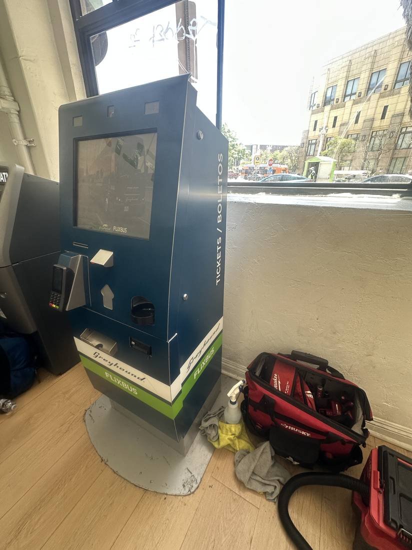Ticketing kiosk serviced at a transit retail location