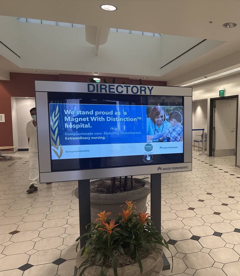 Freestanding directory display in a hospital lobby